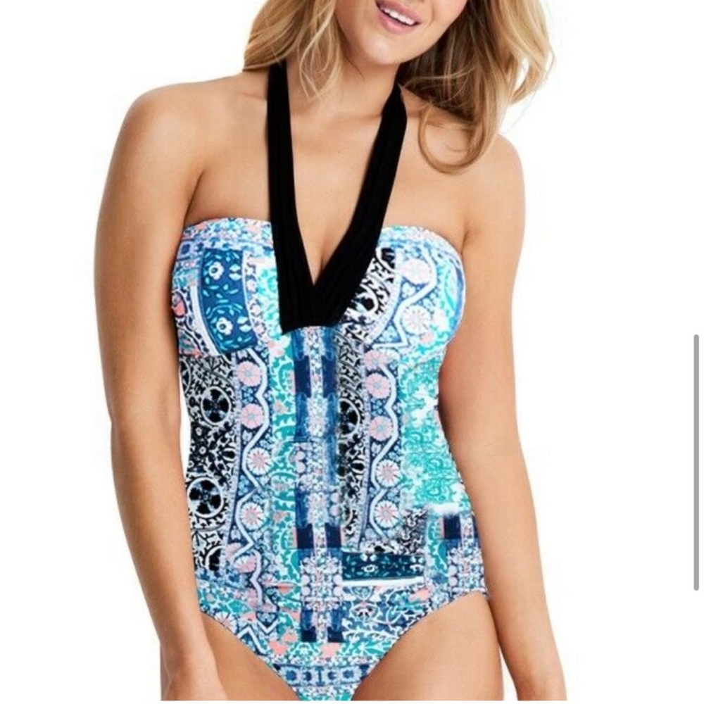SEAFOLLY Anthropologie *Silk Market* blue boho halter maillot one piece swimsuit